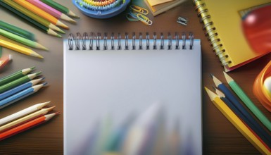 A spiral notebook is surrounded by an assortment of colorful pencils, notebooks, and stationery