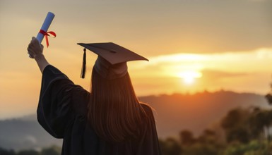 A graduate wearing a cap and gown raises a diploma with a red ribbon while standing outdoors at