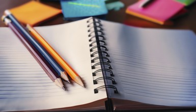 Three colorful pencils rest on an open spiral notebook with lined paper, surrounded by vibrant