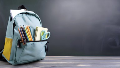 A blue backpack with a yellow pocket sits on a wooden table. Inside the backpack, there are
