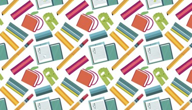 A colorful pattern of school supplies including pencils, pens, rulers, and books. Concept of