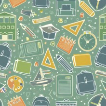 A colorful pattern of school supplies including a backpack, a book, a ruler, a pencil, and a clock.