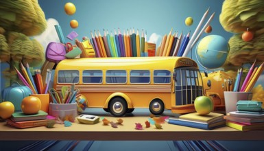 A vibrant yellow school bus surrounded by oversized school supplies, books, globes, and autumn