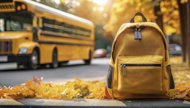A yellow backpack sits on a sidewalk covered with autumn leaves, with a yellow school bus blurred