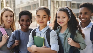 A group of diverse school children smiles outdoors. The children, holding backpacks, are ready for