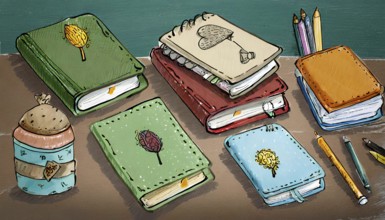 A stack of books with a green book on top and a red book on the bottom. The books are decorated