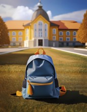 A blue and yellow backpack placed on the lawn of a school campus with a large, historic building in