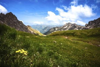 Vast green landscape with mountains and cloudy blue sky. Kleinwalsertal Vorarlberg Austria