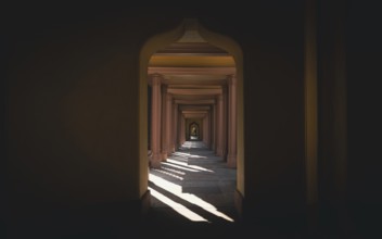 Light show in the colonnade of the palace park mosque. Schwetzingen, Baden-Württemberg, Germany