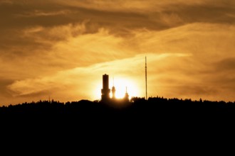 Feldberg tower in the evening glow of the setting sun. Großer Feldberg in the Taunus, Hesse,