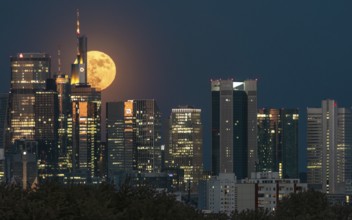 Magical full moon over the banking district. Niederursel, Frankfurt am Main, Hesse, Germany