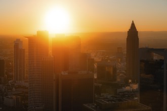Golden sunset over the skyline. Banking district, Frankfurt am Main, Hesse, Germany