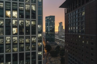 Office towers at sunset. Banking district, Frankfurt am Main, Hesse, Germany