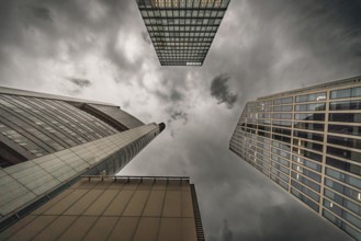 Dark clouds over the financial metropolis. Banking district, Frankfurt am Main, Hesse, Germany