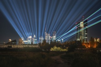Laser show over the metropolis on the Main. Oberrad, Frankfurt am Main, Hesse, Germany