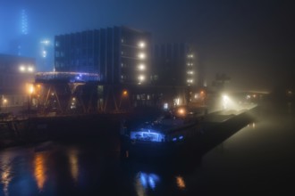 Fog meets neon lights. Gutleutviertel. Frankfurt am Main, Hesse, Germany