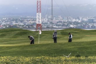 Golfing with a view of Reykjavik. Fairways meet Icelandic skyline. Reykjavik, Iceland