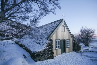 Icelandic peat church in the snow. Golden Circle, Iceland