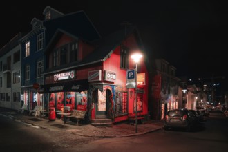 A stylish fast food restaurant in the centre of Rejkjavik at night. Rejkjavik, Iceland