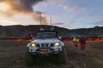 Icelandic rangers secure volcanic zone and lava field. Fagradalsfjall, Reykjanes, Iceland