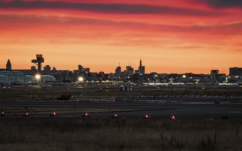 Airport with skyline at sunny sunrise. Frankfurt Airport, Hesse, Germany