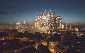 Fireworks over the annual Mainfest. Main riverbank Frankfurt am Main, Hesse, Germany