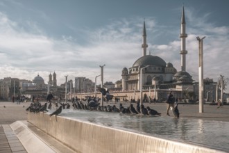Taksim Mosque and flock of pigeons (Columbidae) . Beyoglu, Istanbul, Turkey