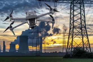 Symbolic image, photomontage, reconnaissance, spying with drones in industrial plants, critical