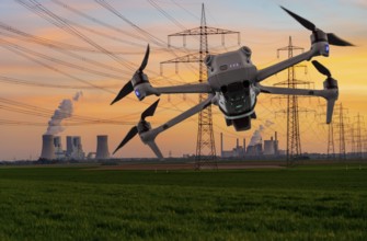 Symbolic image, photomontage, reconnaissance, spying with drones in industrial plants, critical