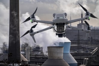 Symbolic image, photomontage, reconnaissance, spying with drones in industrial plants, critical