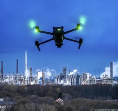 Symbolic image, photomontage, reconnaissance, spying with drones in industrial plants, critical