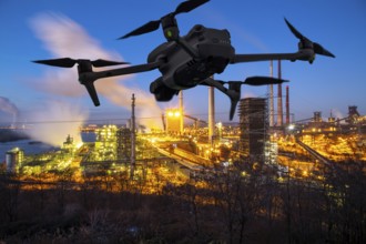 Symbolic image, photomontage, reconnaissance, spying with drones in industrial plants, critical