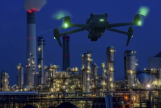 Symbolic image, photomontage, reconnaissance, spying with drones in industrial plants, critical