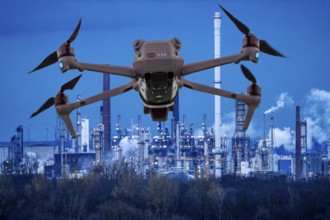 Symbolic image, photomontage, reconnaissance, spying with drones in industrial plants, critical