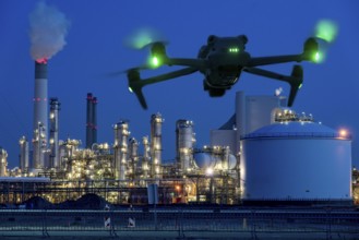 Symbolic image, photomontage, reconnaissance, spying with drones in industrial plants, critical