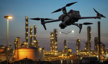Symbolic image, photomontage, reconnaissance, spying with drones in industrial plants, critical