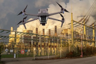 Symbolic image, photomontage, reconnaissance, spying with drones in industrial plants, critical
