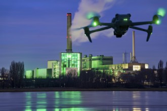 Symbolic image, photomontage, reconnaissance, spying with drones in industrial plants, critical