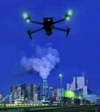 Symbolic image, photomontage, reconnaissance, spying with drones in industrial plants, critical