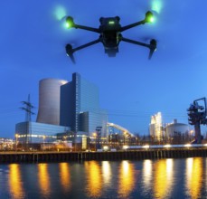 Symbolic image, photomontage, reconnaissance, spying with drones in industrial plants, critical