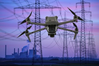 Symbolic image, photomontage, reconnaissance, spying with drones in industrial plants, critical