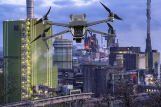 Symbolic image, photomontage, reconnaissance, spying with drones in industrial plants, critical
