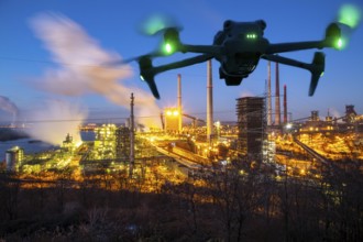 Symbolic image, photomontage, reconnaissance, spying with drones in industrial plants, critical