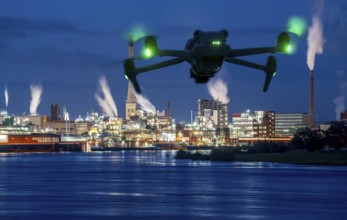 Symbolic image, photomontage, reconnaissance, spying with drones in industrial plants, critical