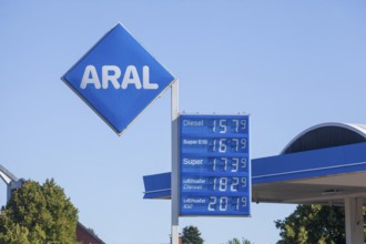 Aral logo and price board at an Aral petrol station, Germany