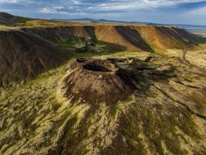 Volcano, crater, aerial view, evening light, summer, Eldborg, Reykjanes Peninsula, Iceland