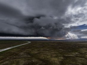 Volcano, volcanic eruption, ash cloud, road, aerial view, Sundhnúkur crater chain, July 2025,