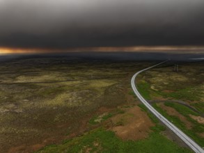 Volcano, volcanic eruption, ash cloud, road, aerial view, Sundhnúkur crater chain, July 2025,