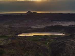Mountain landscape, cloudy mood, lake, backlight, aerial view, evening light, summer, Reykjanes