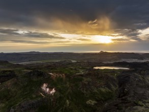 Mountain landscape, cloudy mood, lake, backlight, aerial view, evening light, summer, Reykjanes